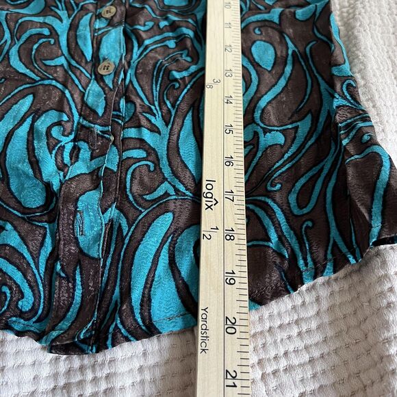 Trina Turk Shirt Womens Petite Brown Teal Silk Jacquard Button Blouse 3/4 Sleeve - Picture 8 of 12